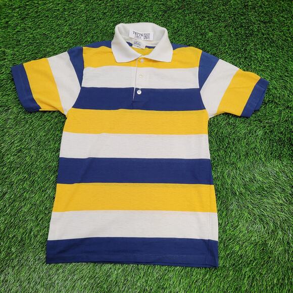 Vintage 80s MOD Block-Stripes Polo Shirt S/M 17x25 Yellow - Picture 1 of 11
